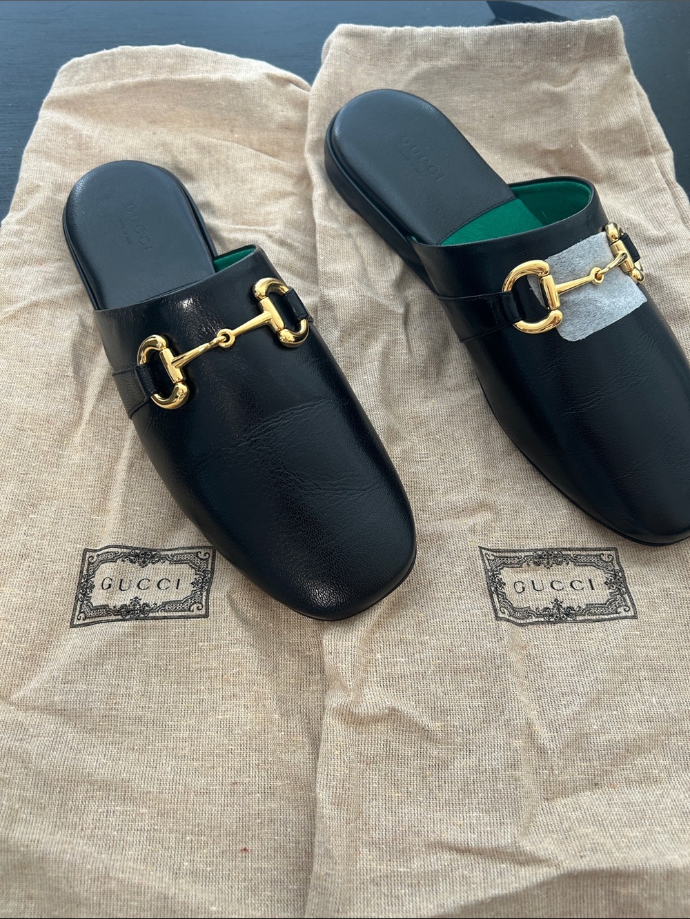 Gucci Black Leather Horsebit Slip-On Mules with Gold Hardware